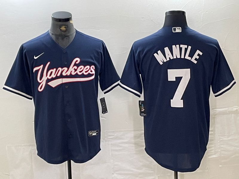 Men New York Yankees 7 Mantle Dark blue Second generation joint name Nike 2024 MLB Jersey style 1
